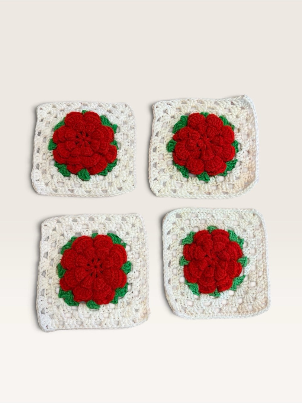 Handmade Crochet Red Flower Granny Square Trivets Hot Pads Set of 4